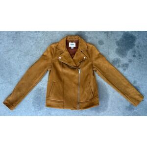 Womens Sz XS OLD NAVY Faux Suede Brown Moto Biker Jacket 3/4 Zip